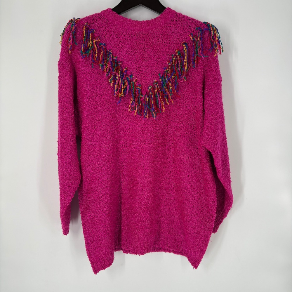 VTG Basic Editions Plus Womens Boucle Knit Sweater 1X Pink Fringe Maximalist